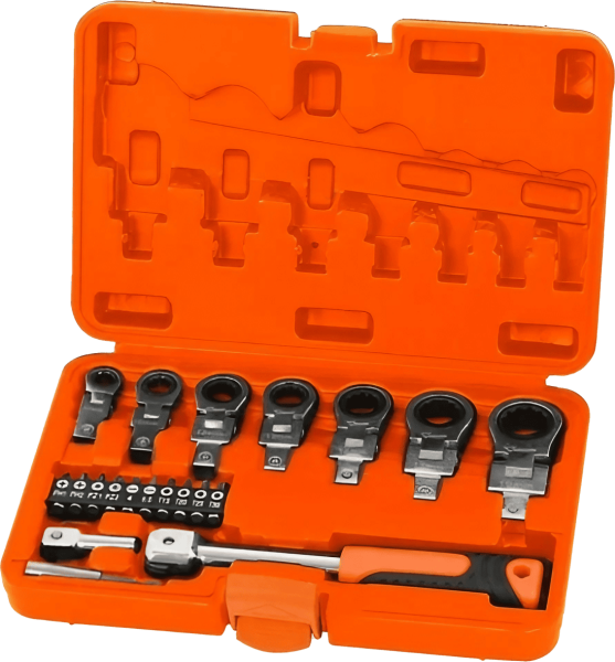 Набор шарнирных насадок накидных и бит с рукояткой MAXPILER MXTF-20-SET (20 шт, 2 адаптера, кейс)